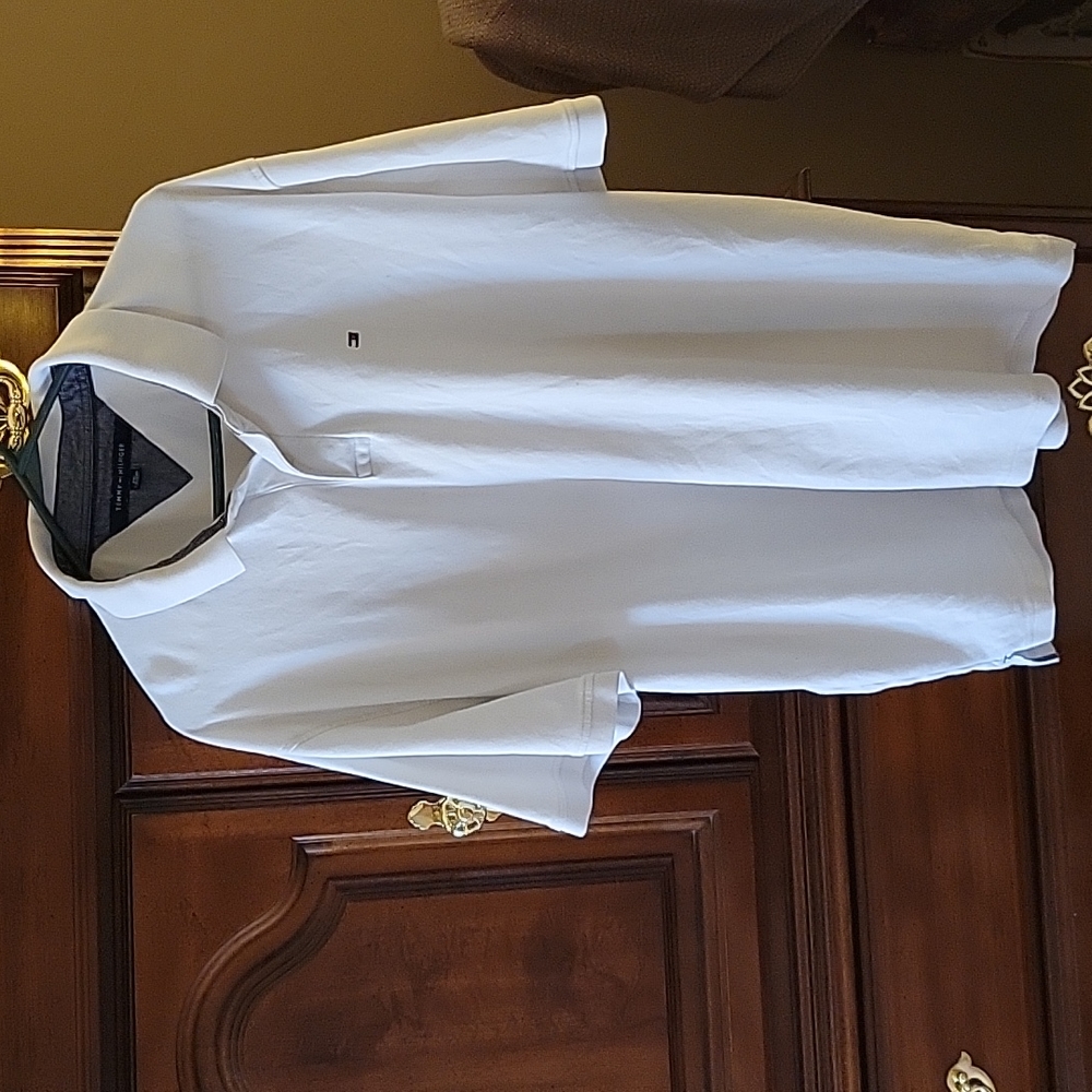 Tommy Hilfiger white short slv polo shirt embroidered logo 100% cotton XXL EUC…